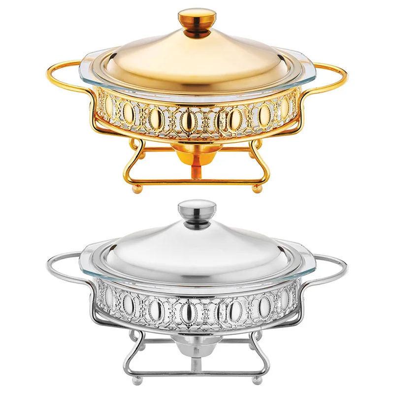 

New products on the golden round glass buffet stove 2.0L food heating container table dry hot pot alcohol stove