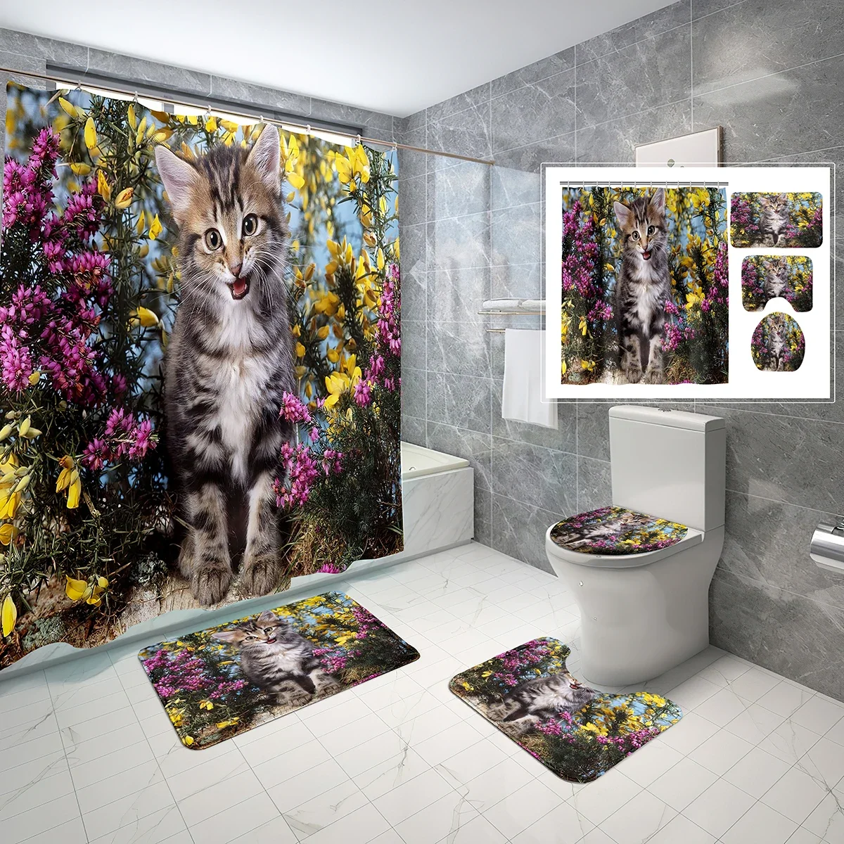 4 Pcs Animals and Flower Shower Curtain Sets Cute Cat Purple Flowers Non-slip Bath Mat Toilet Lid Waterproof Shower Curtain Set