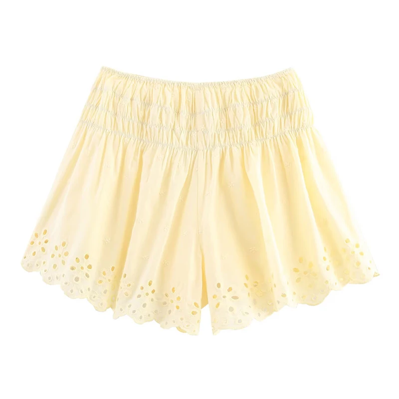 YENKYE New 2025 탄성 높은 허리 수 놓은 반바지 여성 노란색 휴일 캐주얼 여름 pantalones cortos