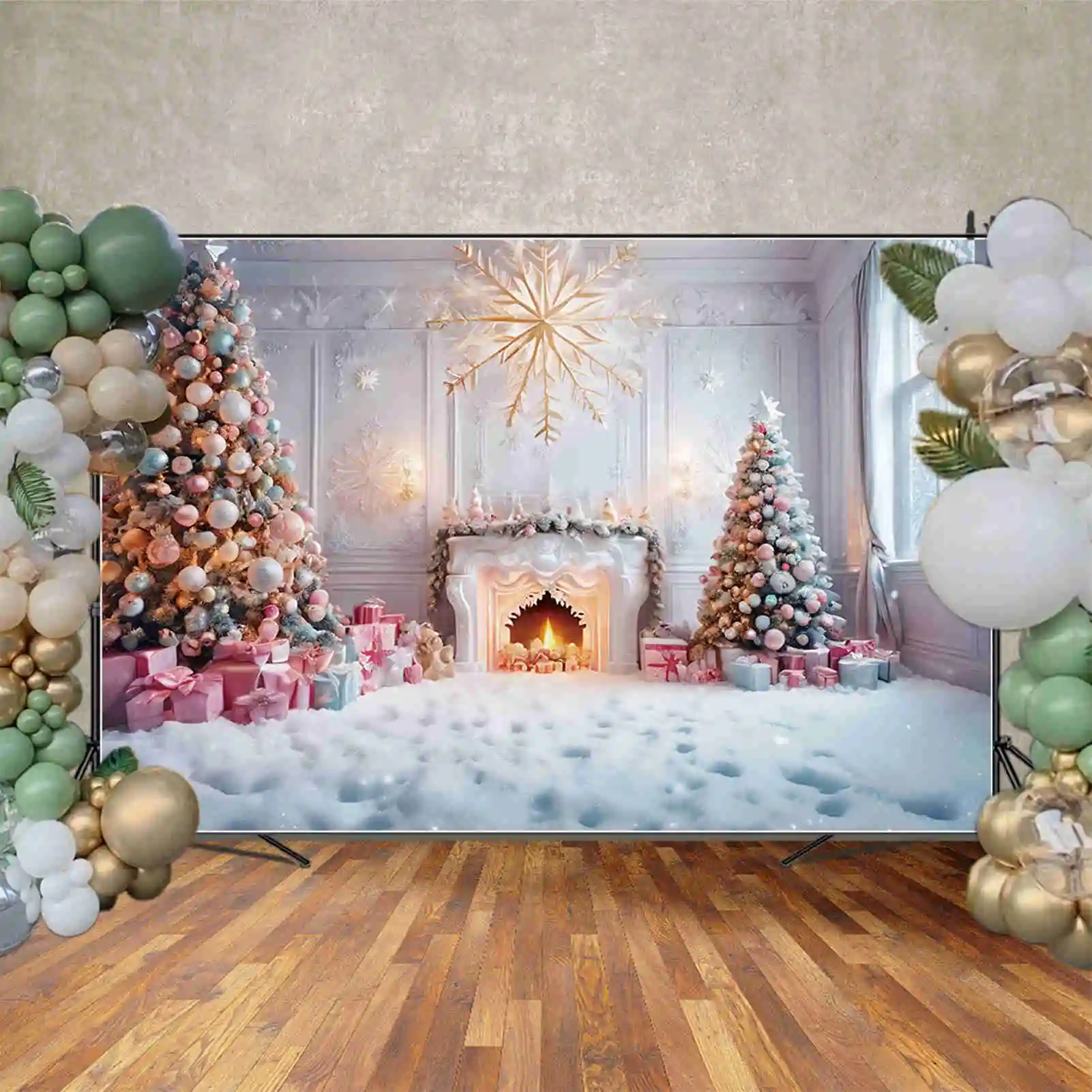 MOON.QG Christmas Living Room Backgrounds Ornaments Tree Snow Fireplace Frozen Backdrops Party Decoration Photozone Supplies