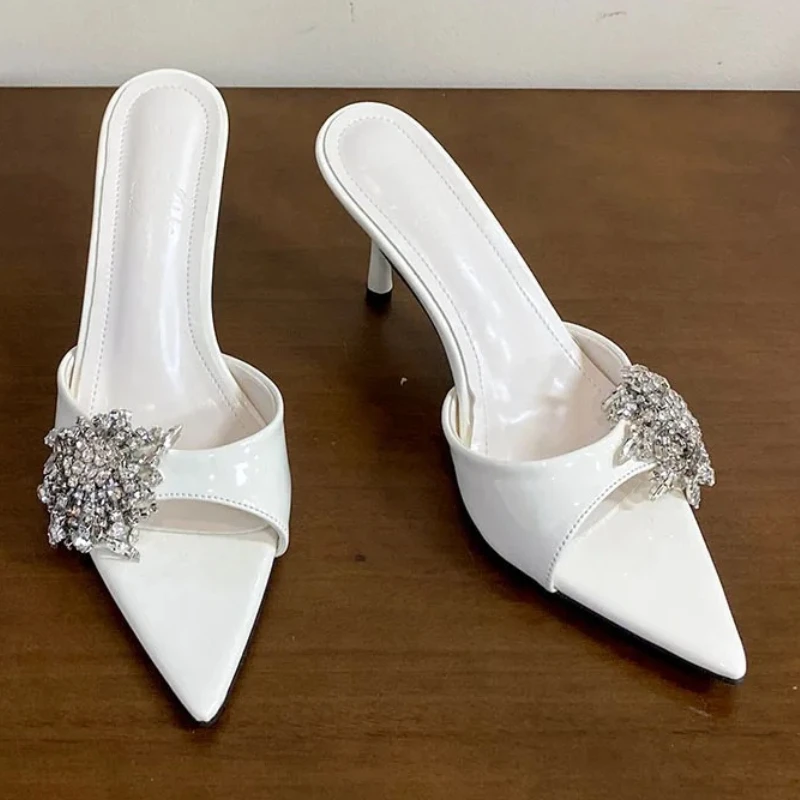 

Luxury Designer High Heels Women Rhinestone Slippers Pointed Toe Pumps Open Toed Summer Slide Female Sexy Brand Sandals Ladies