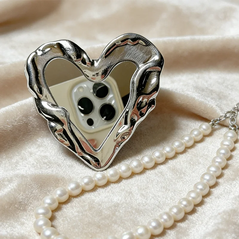 

Mobile Phone Holder Stand INS Korea Silver Heart Grip Tok Mirror Luxurious Finger Holder Griptok Mobile Stand For iPhone Samsung