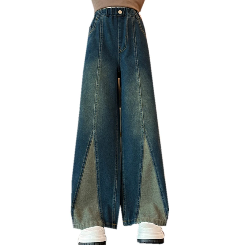 

Retro Teenager Girl Blue Jeans Fashion Retro Wide Leg Pants Vintage Patchwork Jeans for Girls Female Children School Trousers