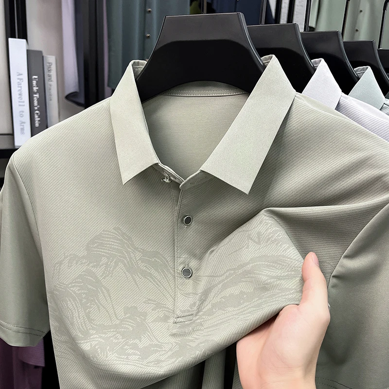 TFETTERS 2026 Summer Luxury Business Men's Polo Shirt Mountain Print Ice Silk Stretch Breathable Casual Short Sleeve Golf Tee