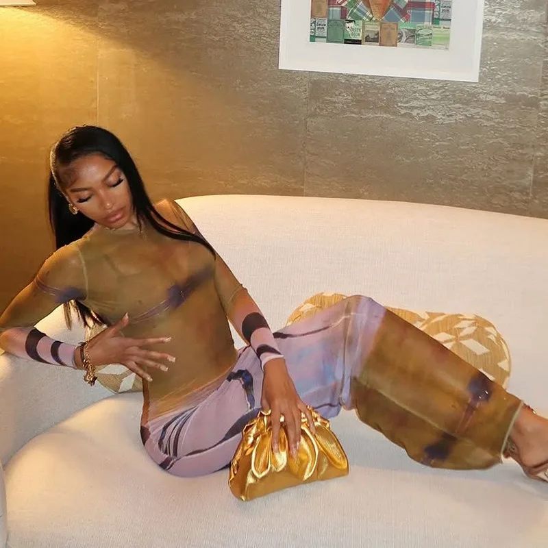 Feminino estilo retro impressão gola alta manga longa sem costas quadris embrulhado vestido longo, gaze emendada leve perspectiva, sexy