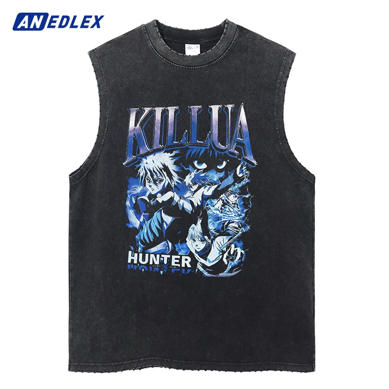 

FashionStreetwear Washed Anime Print Tank Tops Ripped Casual Vest Men Summer Harajuku Sleeveless Cotton Vintage Vest Tee Unisex