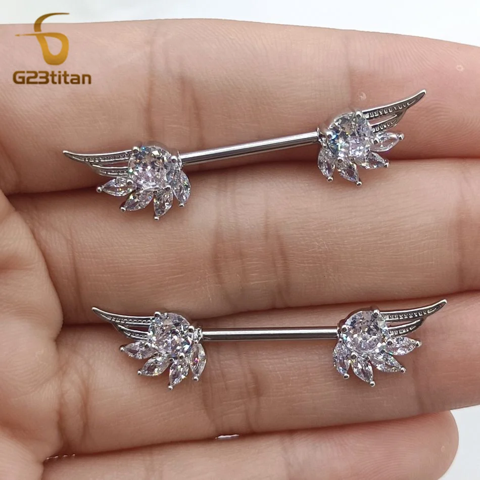 2pcs High Quality Zircon Angel Wings Nipple Rings Piercing Titanium Steel 14G Barbell Women Sexy Summer Nipple Jewelry Accessory