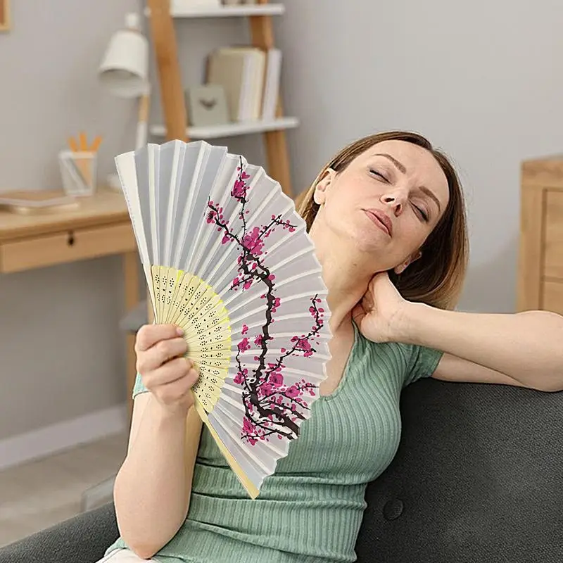 Folding Hand Fan 8.26in Handmade Cooling Fan Ink Painting Printed Craft Cloth Classical Plum Blossom Design Fan For Home Decor