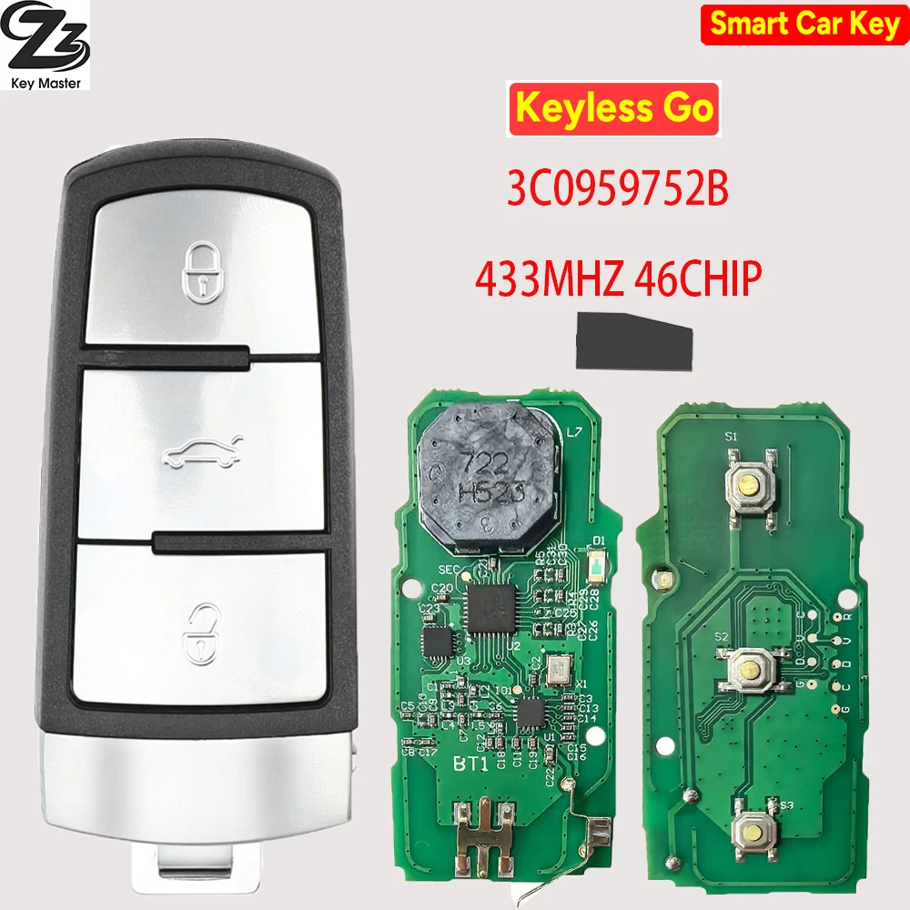 

Zz ID46 3C0959752BG/BA 433 МГц Half Smart/Keyless Go Автомобильный дистанционный ключ для VW Volkswagen Magotan Passat B6 CC 3C B7