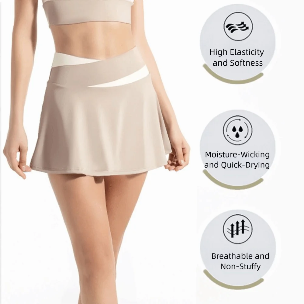 

Cross-waist Women's Tennis Skirts Soft Stretchy Breathable Sport Golf Skirt Color Blocking Built-in Shorts Fitness Skirt Gym