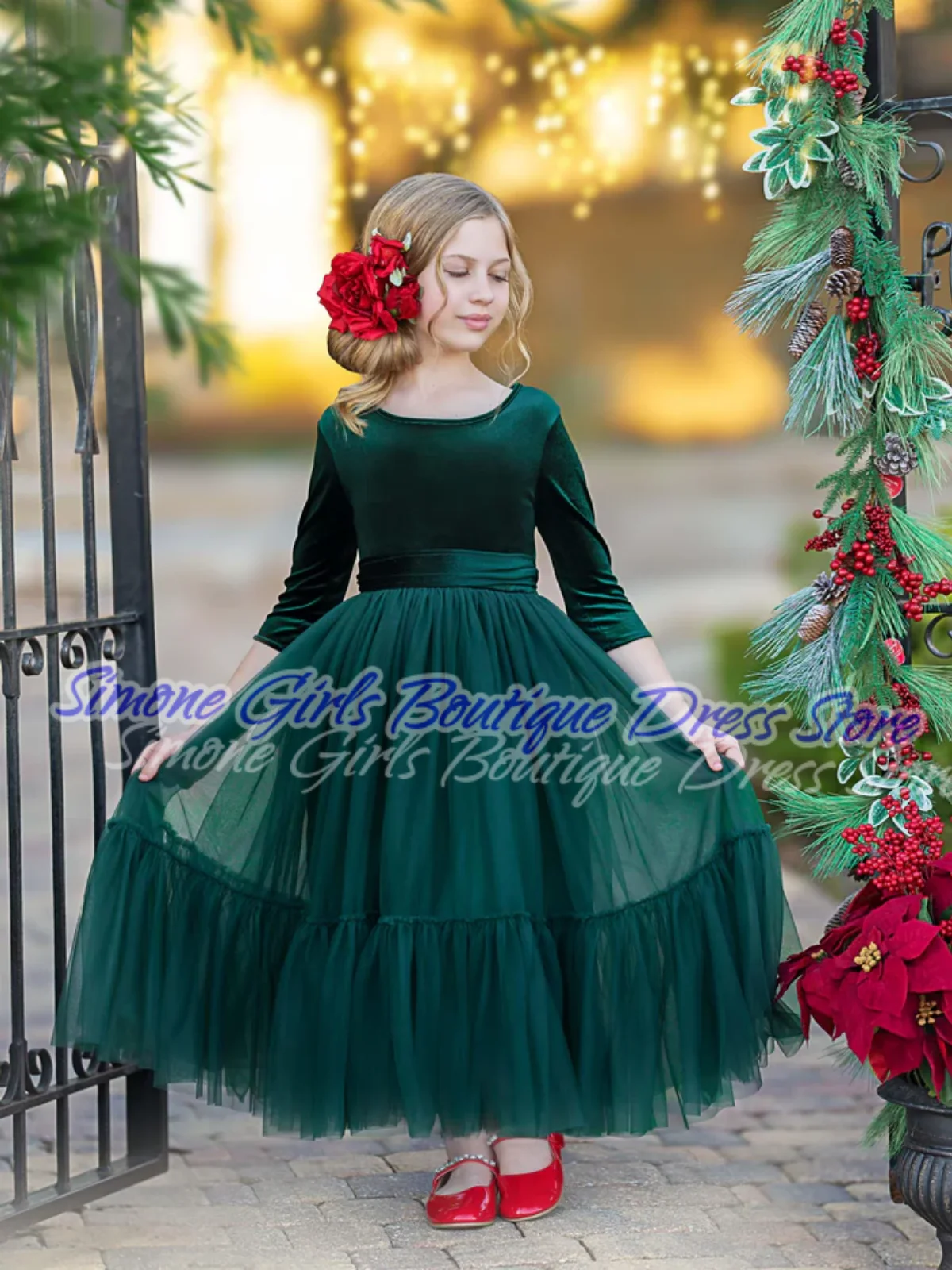 Ankle-length skirt Long sleeves Lace stitching Green Flower Girls Dress for Christmas Holiday Celebrations Dance Performances