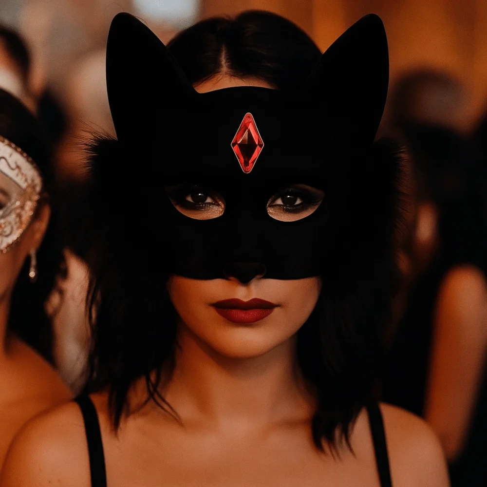 

Retro Funny Cat Face Masks Cosplay Animal Halloween Masquerade Mask Black Furry Half Face Mask Unisex