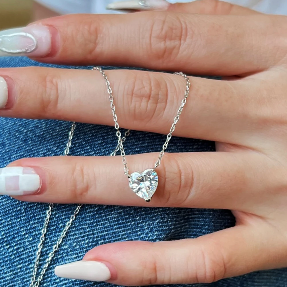 

Real S925 Sterling Silver Heart Necklace Women Brilliant Heart Diamond Pendant Necklace Female Luxury Jewelry Shiny 5A Zircon