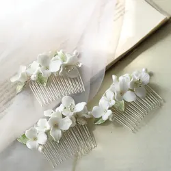 Handmade White Ceramic Flower Hair Comb For Bridal Simple Fresh Water Pearl Green Enamel Leaf Wedding Tiara Jewelry For Women