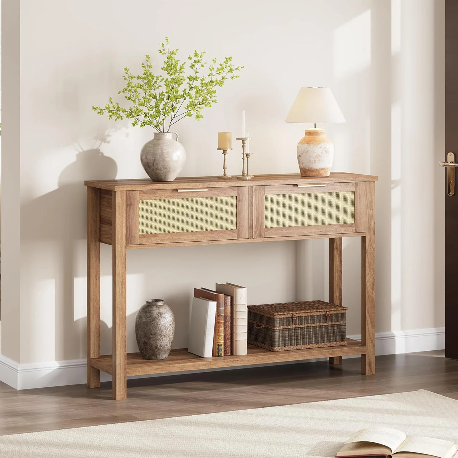 

Entryway Table with Rattan Drawers 109cm Console Table Wood Sofa Table with Storage for Entryway Hallway, Foyer, Living Room