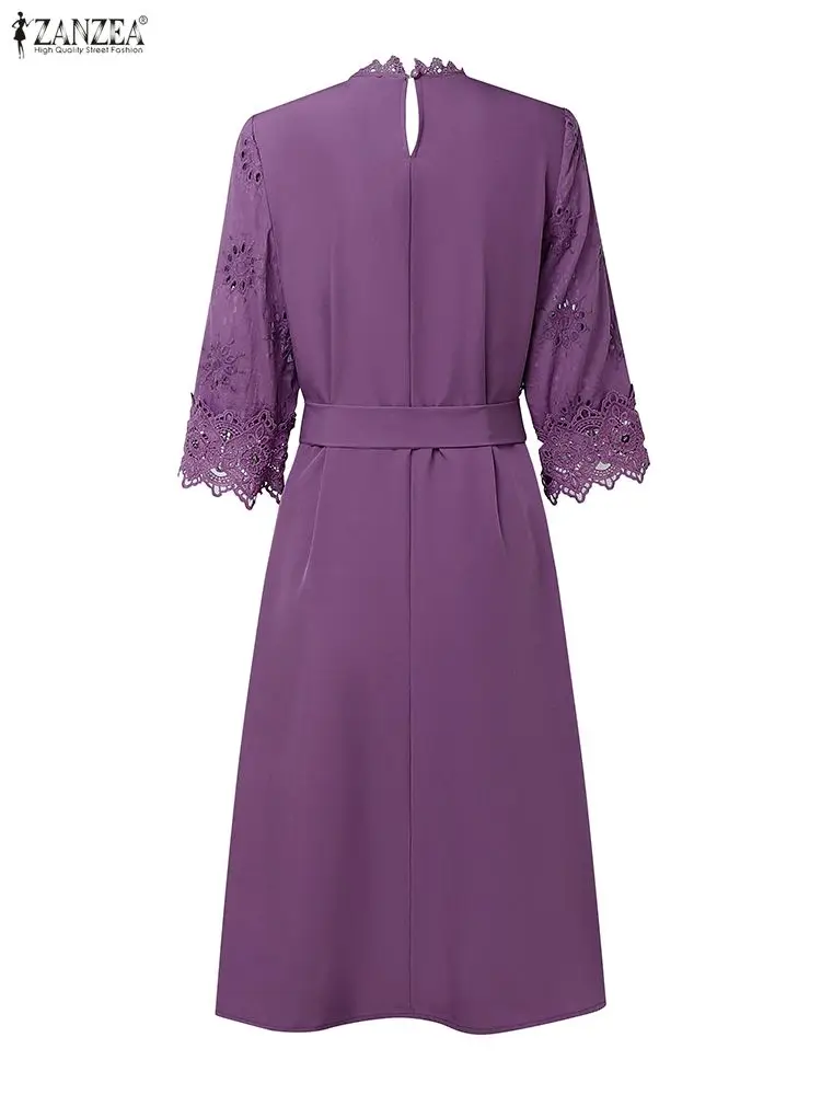 فستان كروشيه أنيق للخريف من ZANZEA لعام 2025 فساتين نسائية أنيقة مطرزة 3/4 كم فستان صيفي للعمل مرقع رداء ميدي #2