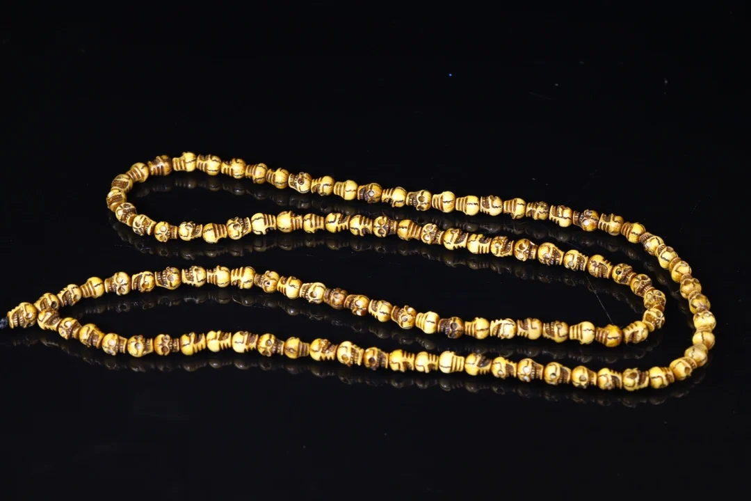 

24"Tibetan Temple Collection Old Natural Yak Bone Sculpture Skull Head 108 Buddha Beads Necklace Amulet pendant Town house