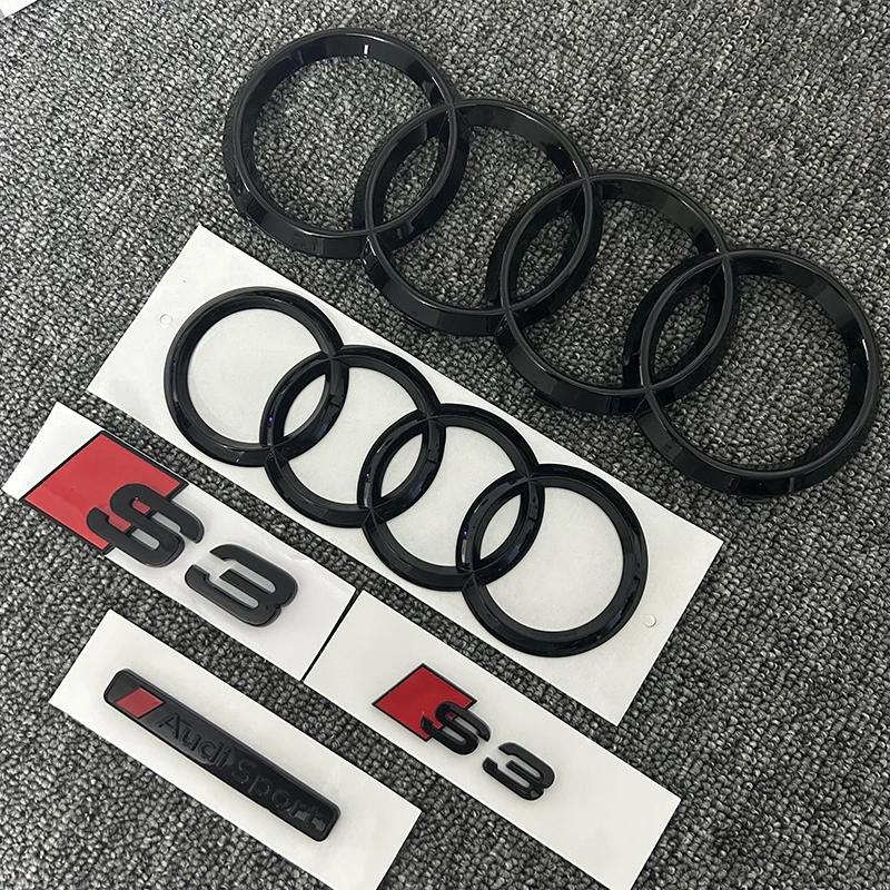 Audi 4Ring logo ABS Black Car Hood Front Grill Emblem Rear Trunk Badge Sticker 2P S3 1P Audi Sport For AUDI S3 2010-2020