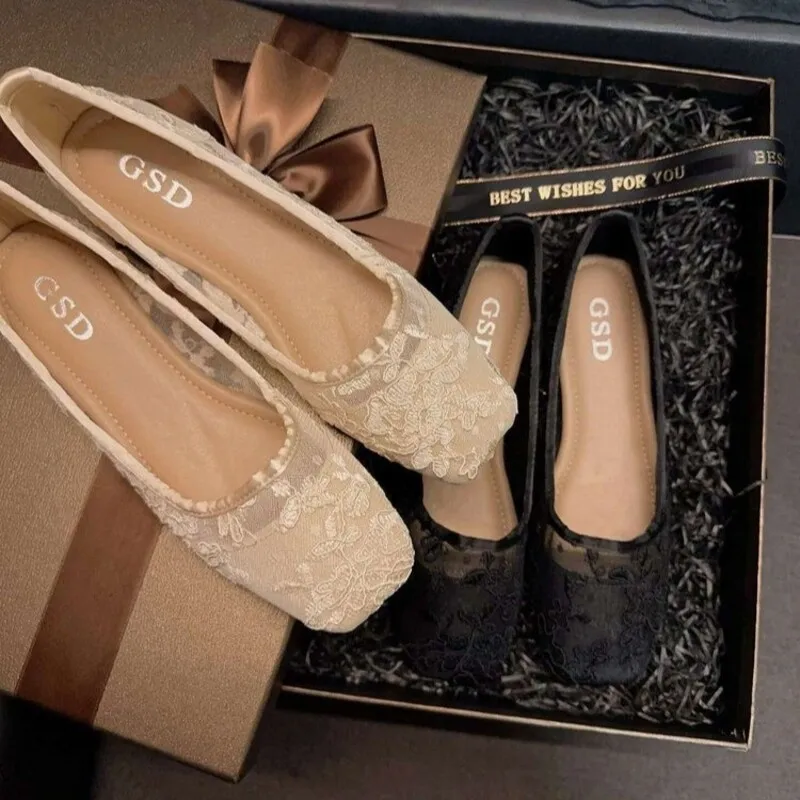 Zapatos Elegantes de Malla Calada, Talla Grande, Nuevo Estilo de Hada, con Nudo de Encaje, Zapatillas de Mamá, Tacón Plano, Suela de Goma