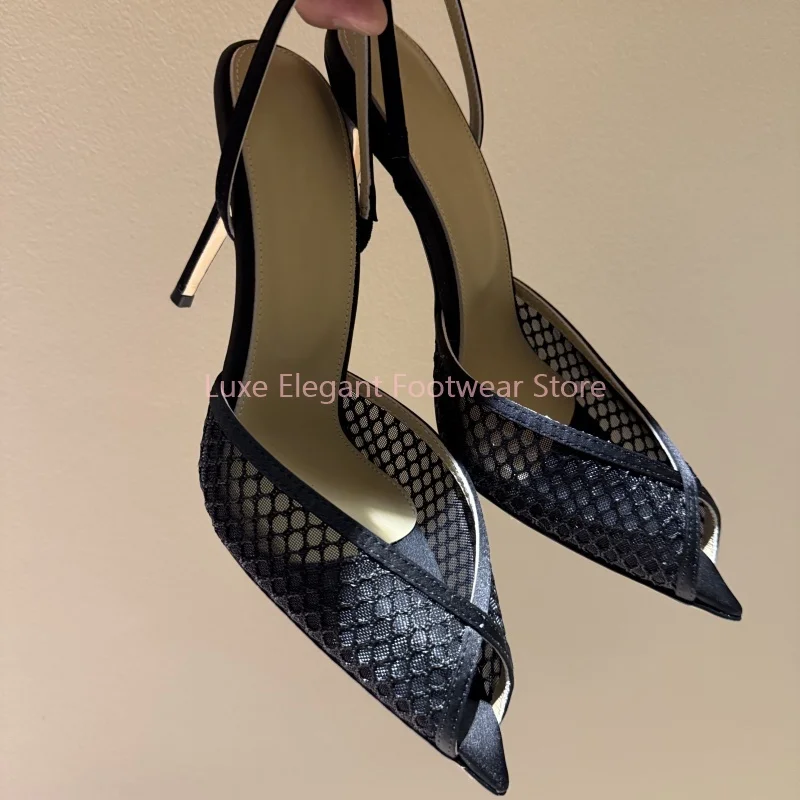 White Lace Pearl Rhinestone Slingback Stiletto Sandals Women Mesh Slip On Pointed Toe High Heels Elegant Elegant Party Prom Shoe