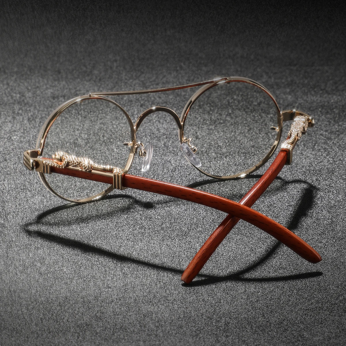 メンズダブルブリッジラウンドフレーム木目調度度なしメガネ1組 - Men'S Fashion Non Prescription Glasses のレビューと価格