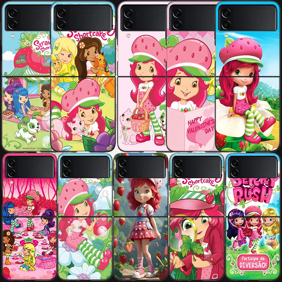 S-Strawberry Cute S-Shortcak Case for Samsung Galaxy Z Flip 6 5G Z Flip 5 4 3 5G Black Hard Cell Phone Cover Luxury PC Shell Coq