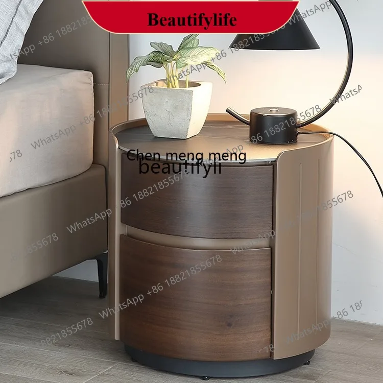 

D178 Italian Minimalist Round Lacquered Bedside Table Walnut Simple Modern Rock Slab Surface Solid Wood High-End