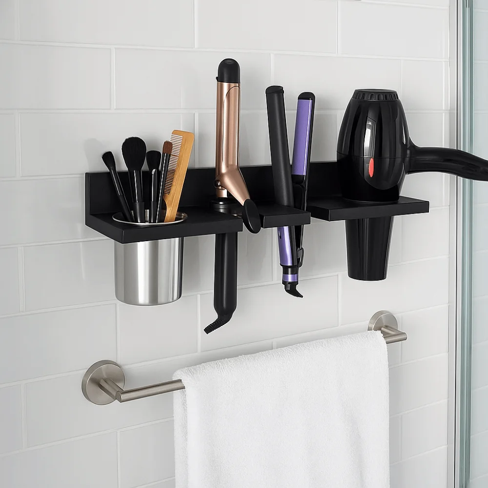 Wooden Hair Dryer Holder Wall-Mounted Stylish Hair Straightener Holder Space Saving Curling Iron Shelf Curling Irons view 3