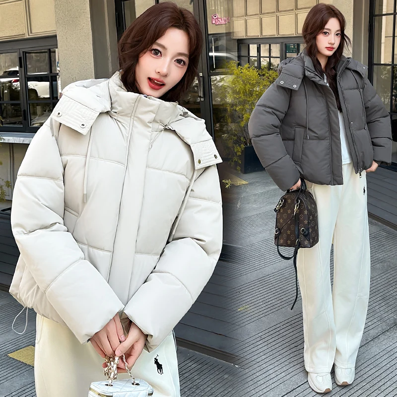 Women's Winter Hooded Parkas Jacket Female Short Coat Drawstring Hood Long Sleeve Loose Fit Thick Warm Casual Outerwear