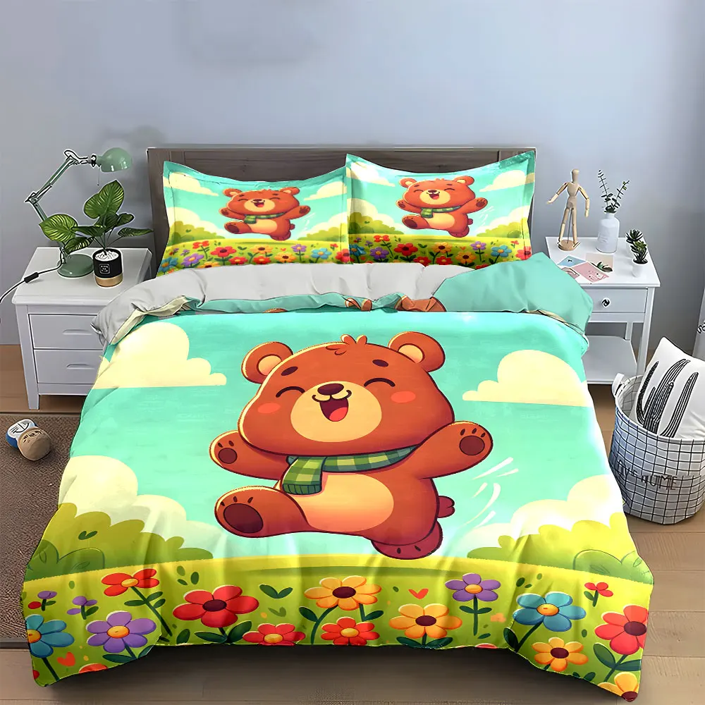 

"Cartoon Bear Decor Set for Kids" Bedding Set with 1 Duvet Cover 2 Pillowcases Single Double King Queen, Gift