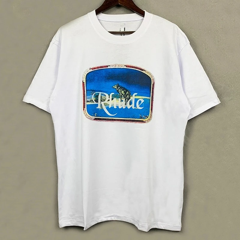 2026 Men Vintage Wild Wolf Scenery Rectangle Frame Graphic T Shirt Front Print Crewneck Tees Unisex White Oversized Short