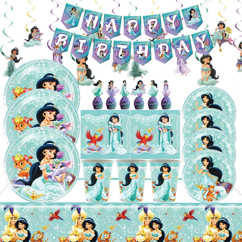 Jasmine Princess Theme Tableware Happy Birthday Party Decorate Paper Cups Plates Napkin Girls Kids Favors Supplies