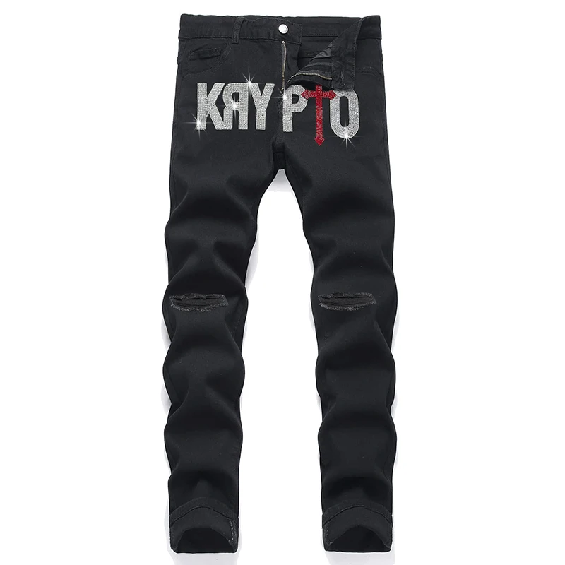 Mens Clothing Black Stretchy Ripped Y2k Jeans Skinny Trend Hot Drilling Punk Moto Bike Trousers Fashion Man Denim Pencil Pants