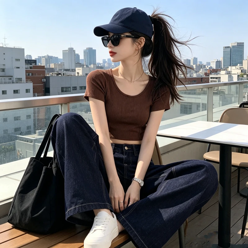 Women Korean High Street Raw Denim Wide Leg Jeans Summer High Waist Loose Drape Slim Retro Dark Blue Denim Pants
