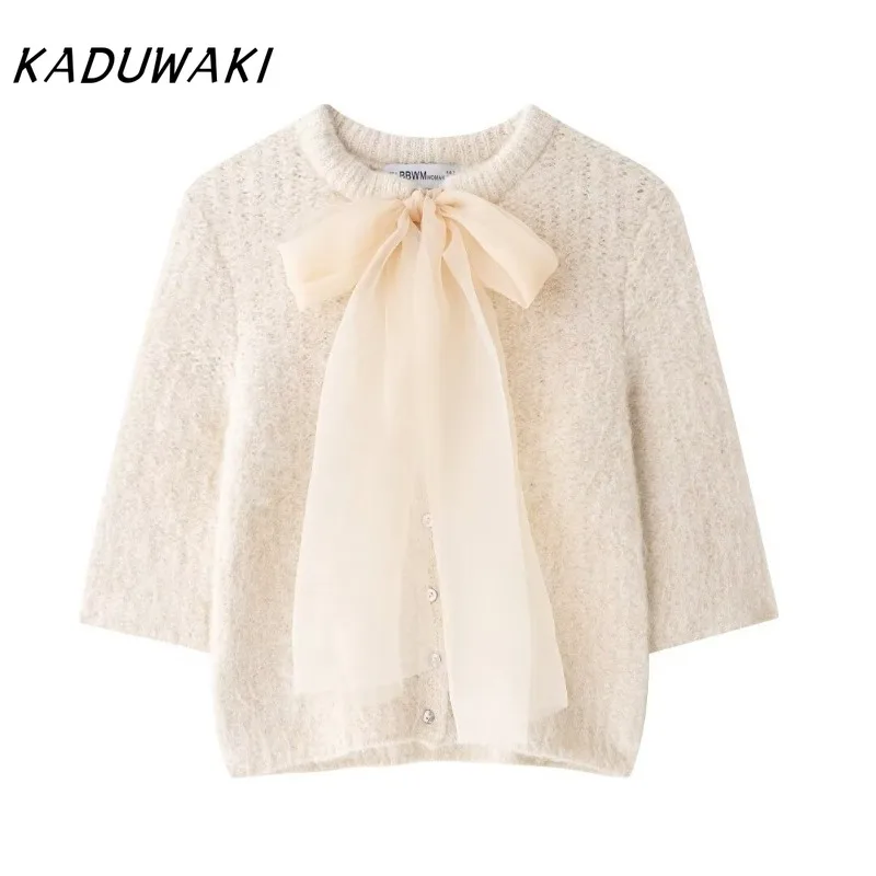 KADUWAKI Classic Fashion Round Neck Long Sleeve Sweet Sweater Simple Sheer Hard Yarn Bow Knit Y2k Jumpers Кофта Женская 여성 반팔 니트