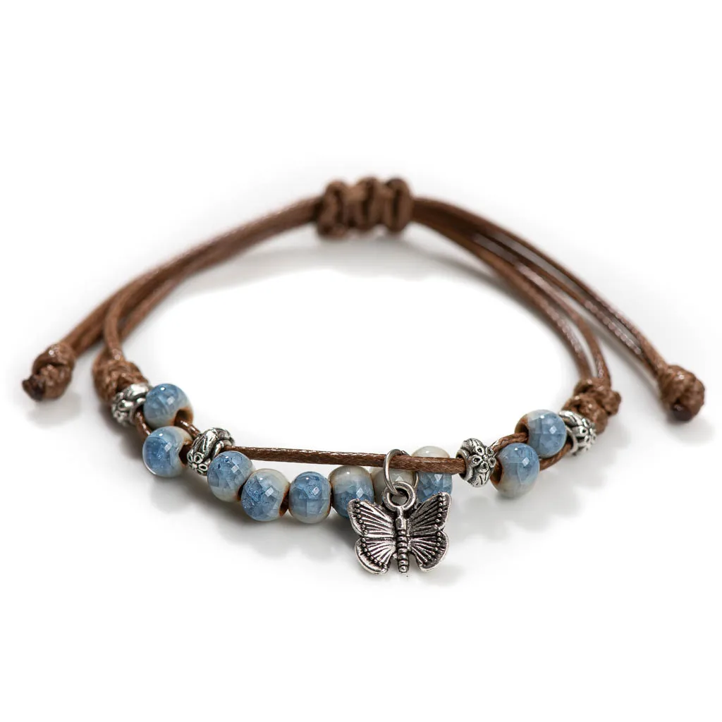 Handgemachte Schmetterling Keramik Cracked Ice Vintage verstellbare Armbänder elastische Schnur Bohemian Chic Schmuck einzigartiges Geschenk H920