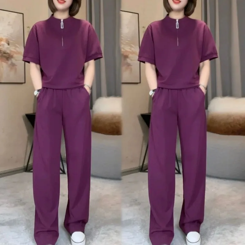 

Women's Summer Shorts Sleeve Tops Wide Leg Pants Two Piece Set 2025 Lady New Casual Sporty Solid T Shirts Trouses Outfits