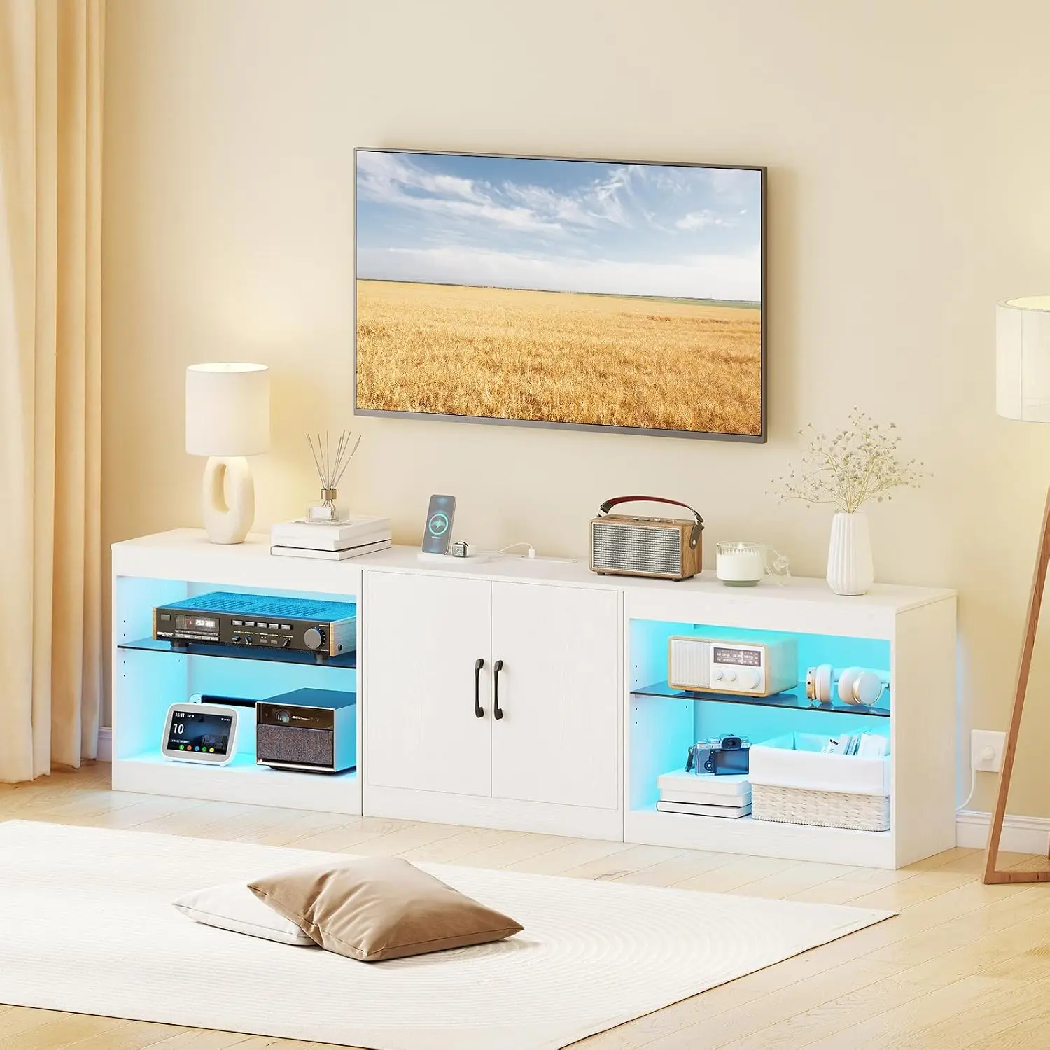 LED TV Stand for 85 Inch TVs, Entertainment Center with Power Outlets, Adjustable Shelves Media Console  77