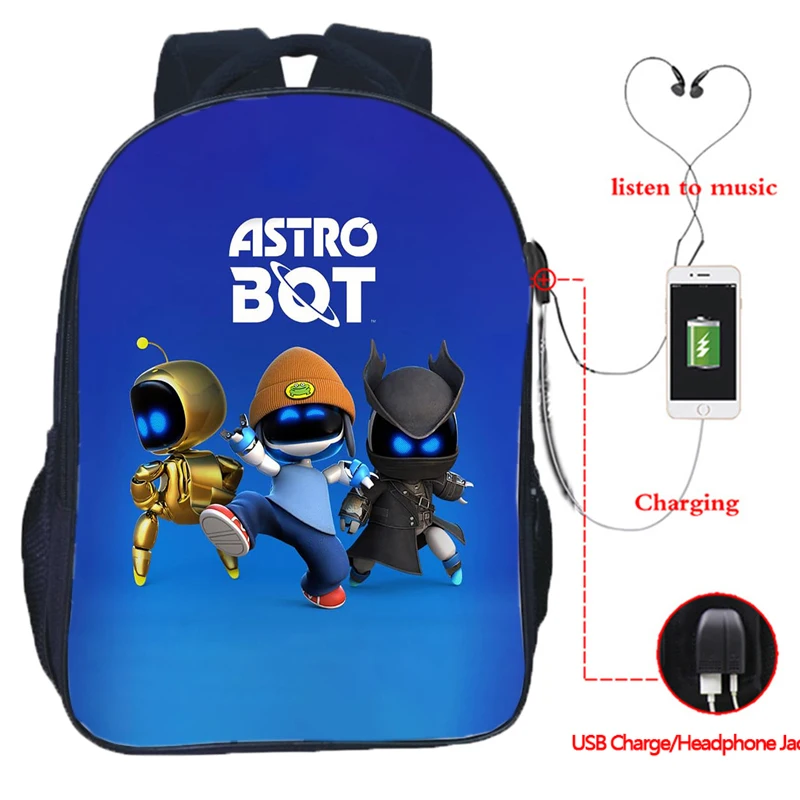 Astro Bot Boys Girls Schoolbags Astronaut Teenager USB Charging Laptop Backpack Kids Boys Girls Rucksack Travel Bag Mochila