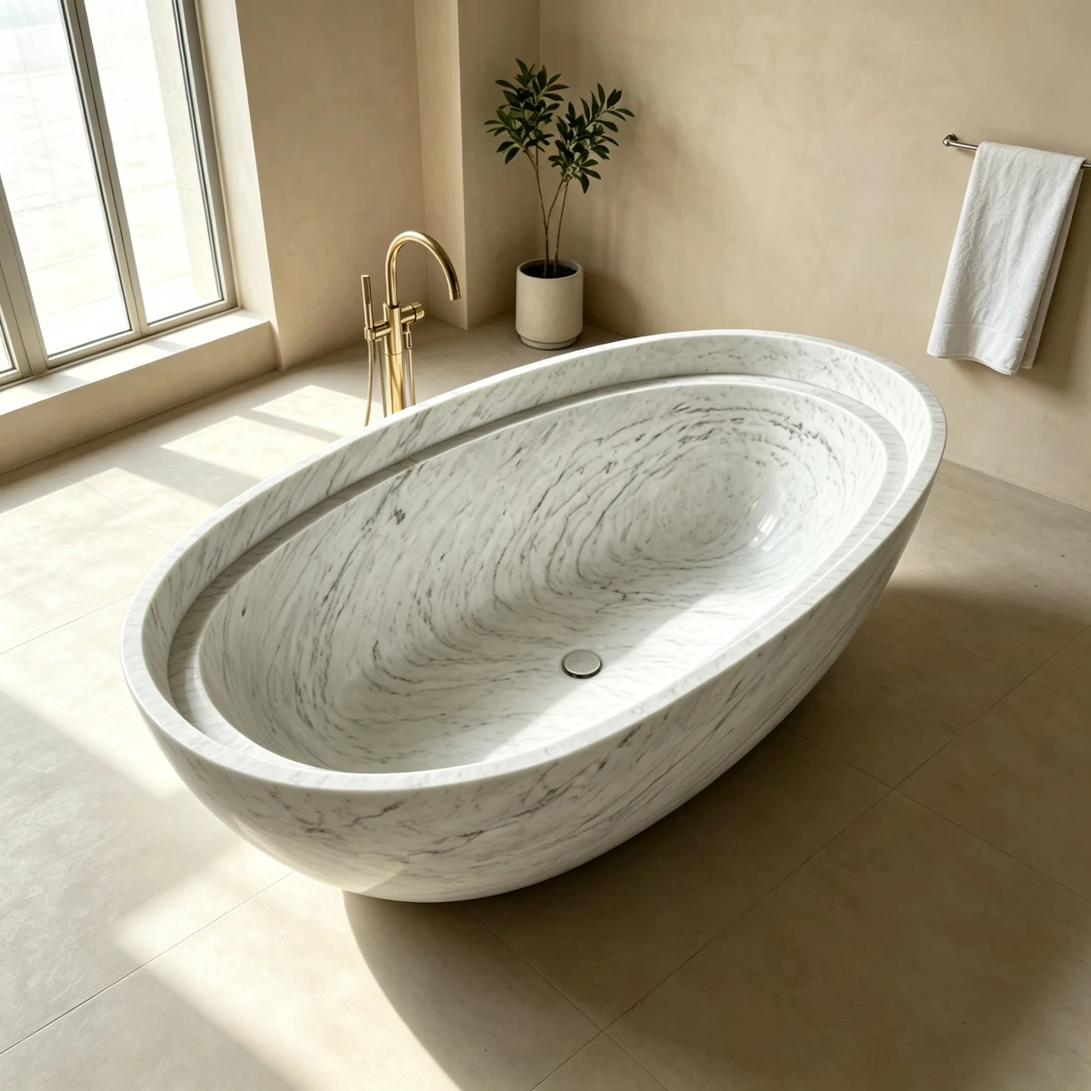 #￥Wholesale Italy Carrara White Marble Extra Large Roman Bathtub with Center Drain for Luxury Bathroom Project and Villa