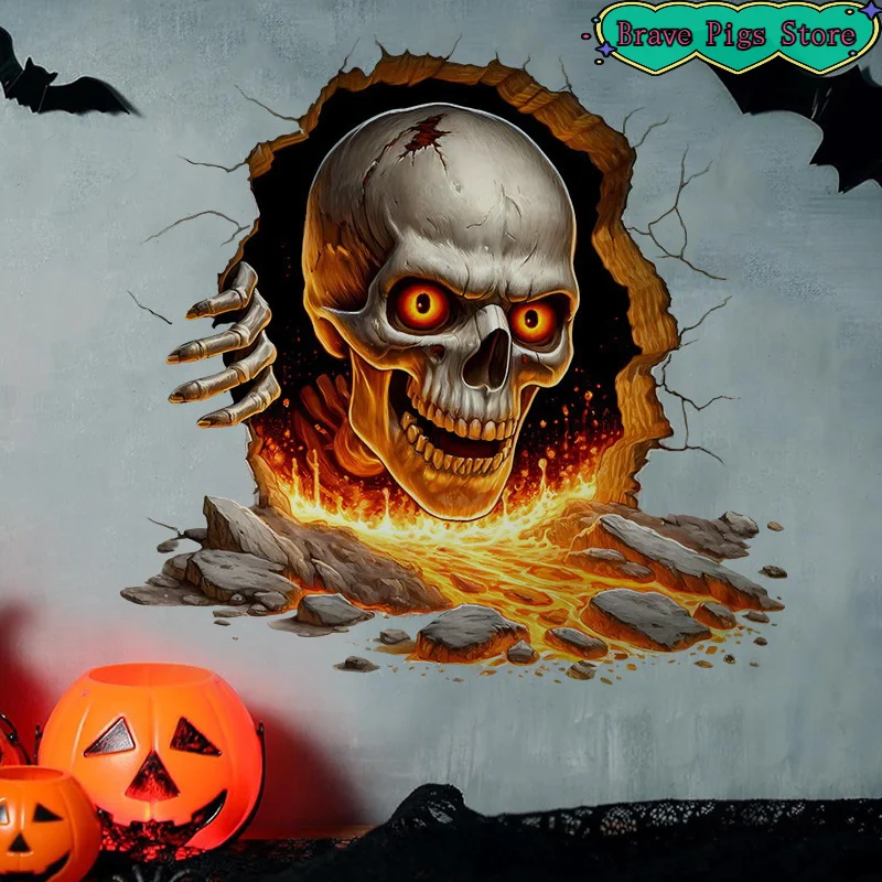 3D Effect Halloween Wall Stickers PVC Self-Adhesive Floor Decals Broken Wall & Zombies Designs Bedroom Living Room Horror Them