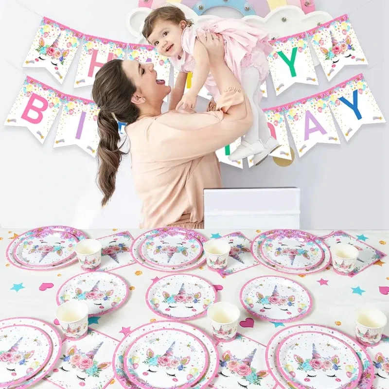 Unicorn Themed Disposable Tableware Unicorn Birthday Decor Paper Plates Unicorn Birthday Party Supplies Kids Girl Baby Shower