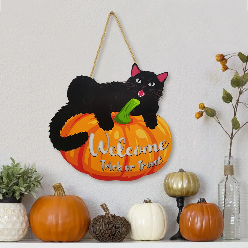 Halloween Wooden Listing Cross-border Explosion Pumpkin Black Cat Lighting Decoration Painting House Sign Festive Atmosphere