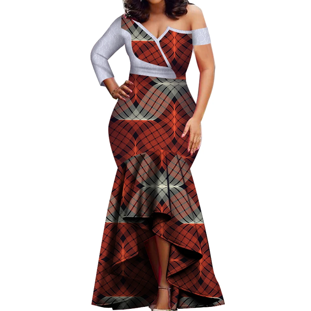 Spring New Fashion Afriac Dresses for Women Dashiki Lace Patchwork Traditional African Clothing  Party Dress WY3714 image 2