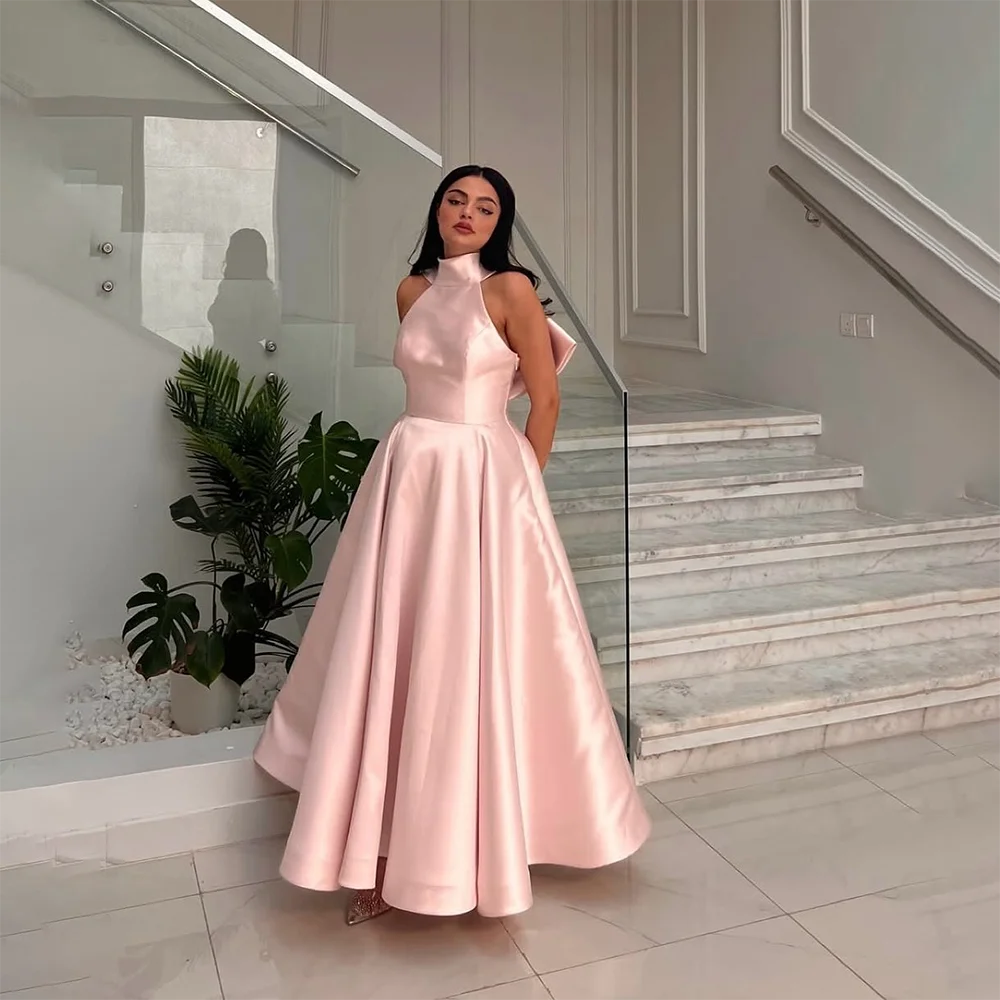 

Pink Evening Dress Halter Neck Sleeveless A Line Pleat Women's Evening Gowns Ankle Length Elegant Formal Party Dress Customized