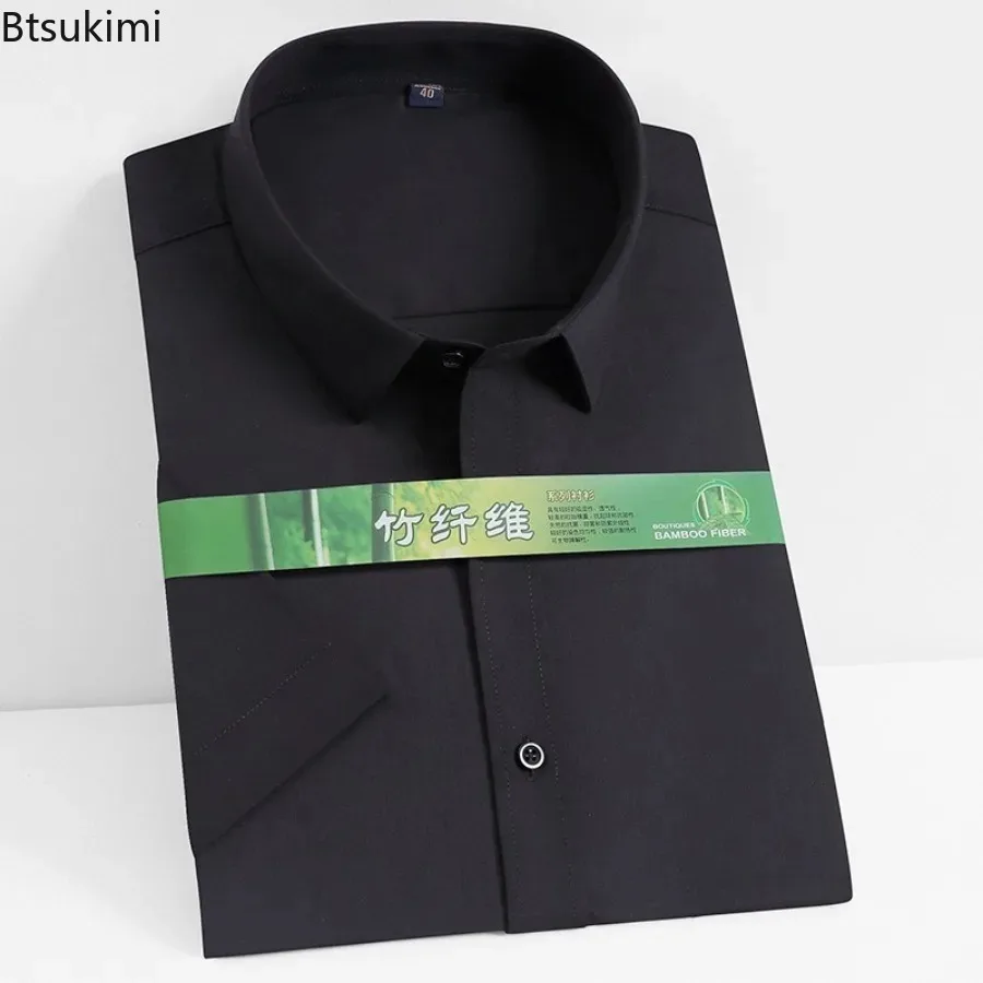 Camisa de manga corta de fibra de bambú para hombre, ropa elástica sólida a la moda, sin planchado, informal de negocios, blusa masculina de alta calidad, 2024