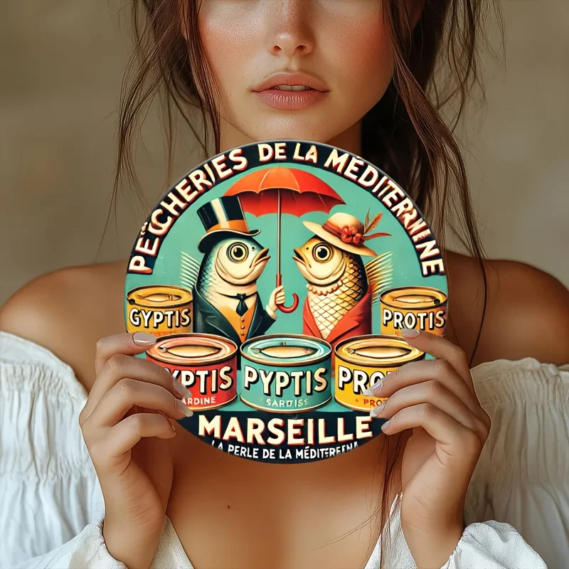 1 Stück Vintage Marseille Sardine Blech Design Rundes Metallschild, 20,3 x 20,3 cm Aluminium-Wandkunst, langlebige Heim- und Bürodekoration, ideal für Li