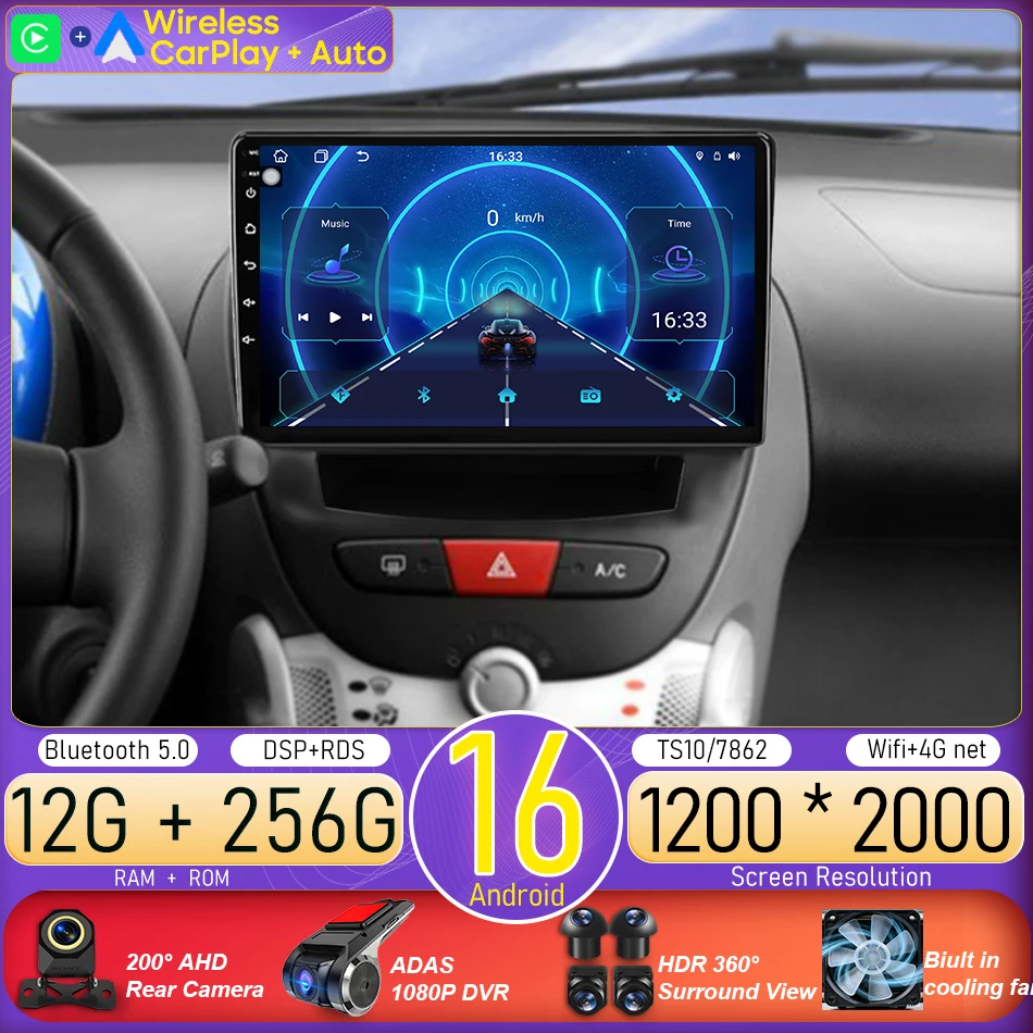 Android 16 For Toyota Aygo Peugeot 107 Citroen C1 2005 - 2014 Car Radio Multimedia Video Player GPS Navigation CarPlay Auto 2din
