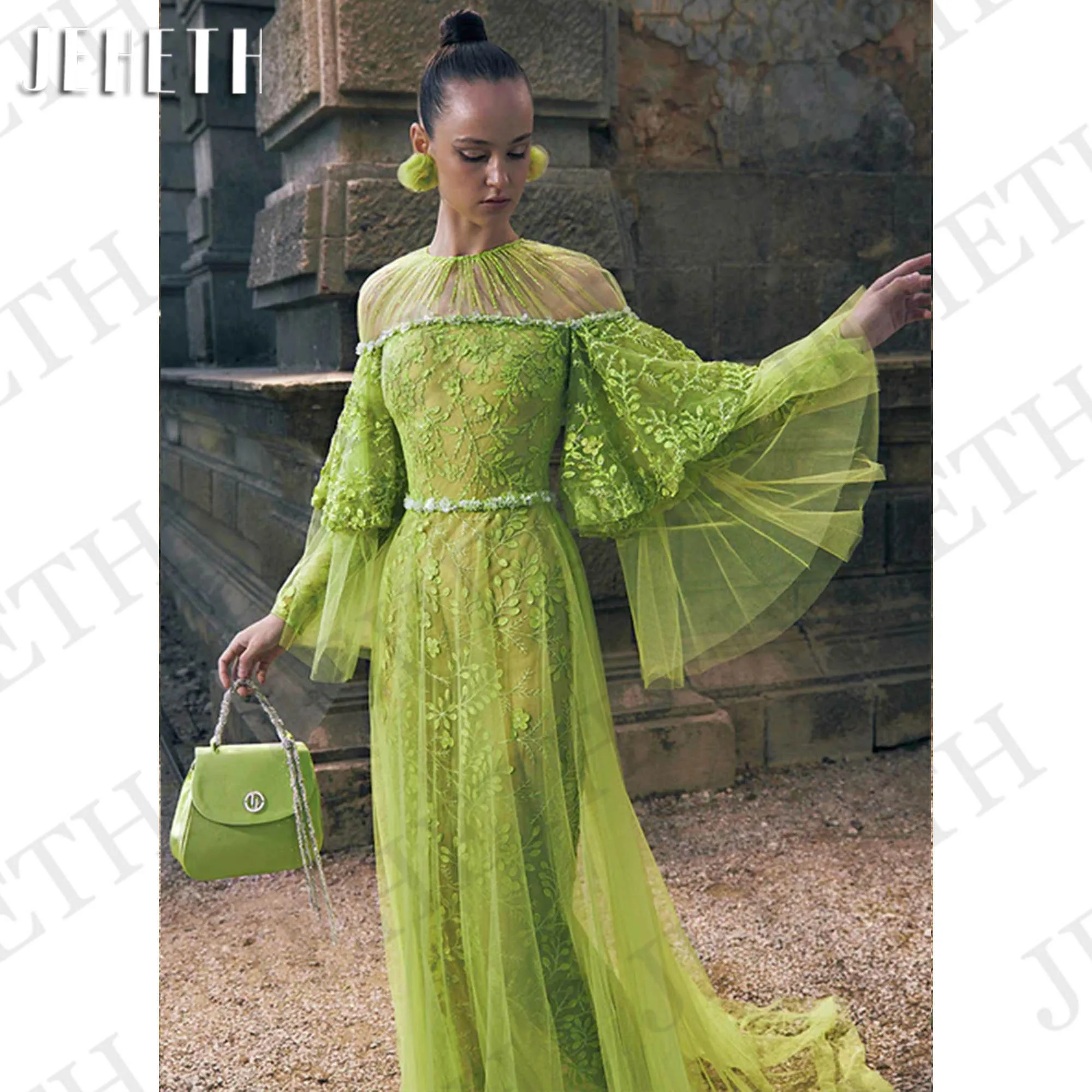 JEHETH Lace Long Sleeves Mermaid Evening Dress Luxury Green O-Neck Tulle Appliques Formal Party Dresses abendkleider 2024 luxus
