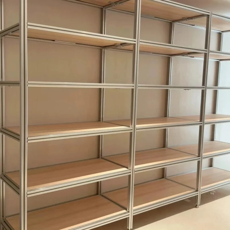 custom.Industrial Style Aluminum Profile Wood Shelving System LED Lighting Multi-Functional Adjustable Display Racks Dra